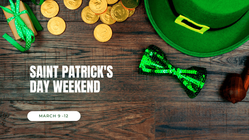 a st patrick's day weekend poster with green bow tie and shamrocks