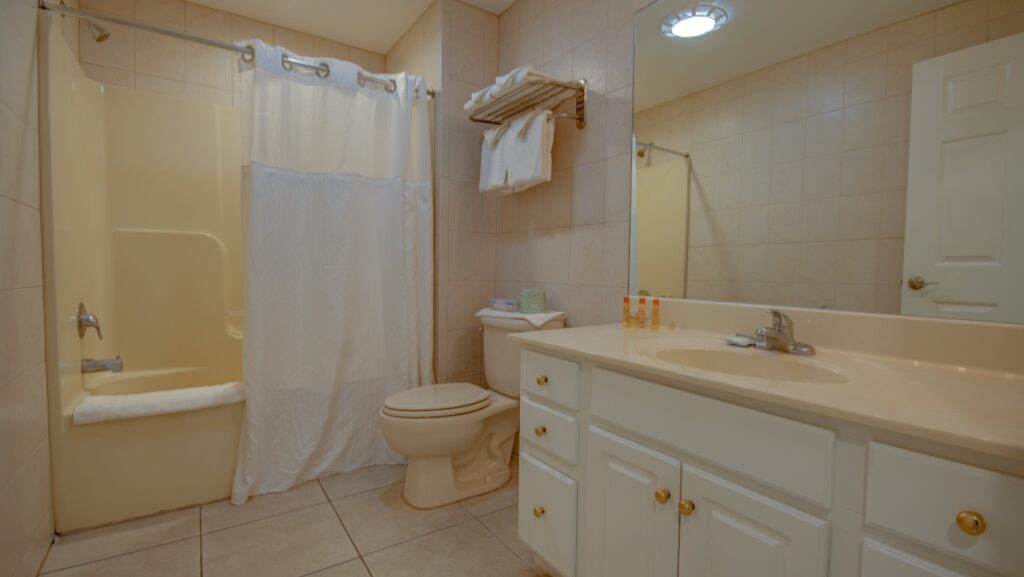 a bathroom with a shower, toilet and sink